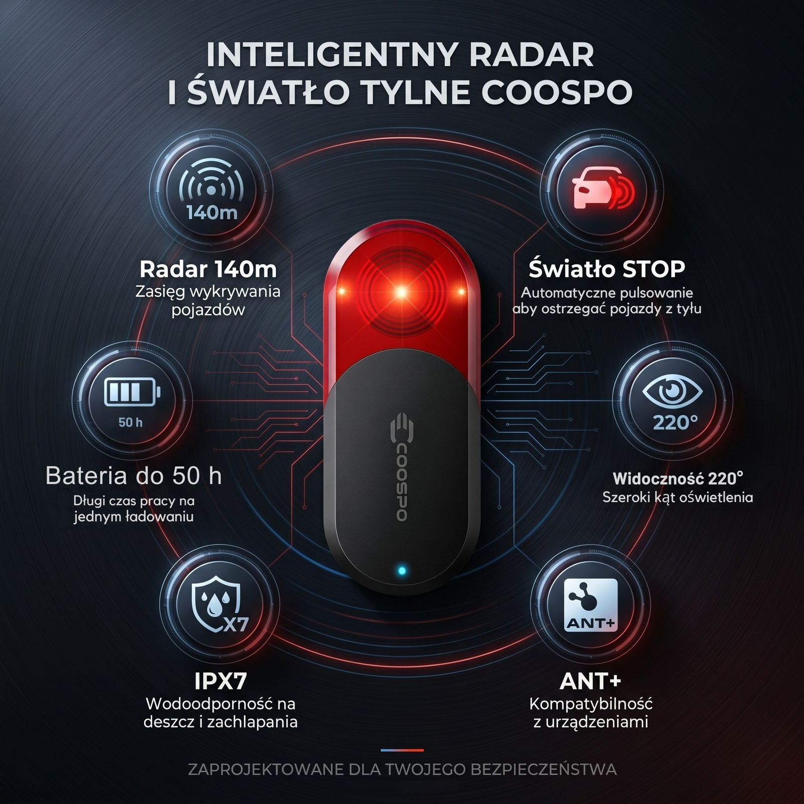Coospo TR70 smart radar - światło tylne z radarem - obrazek 5