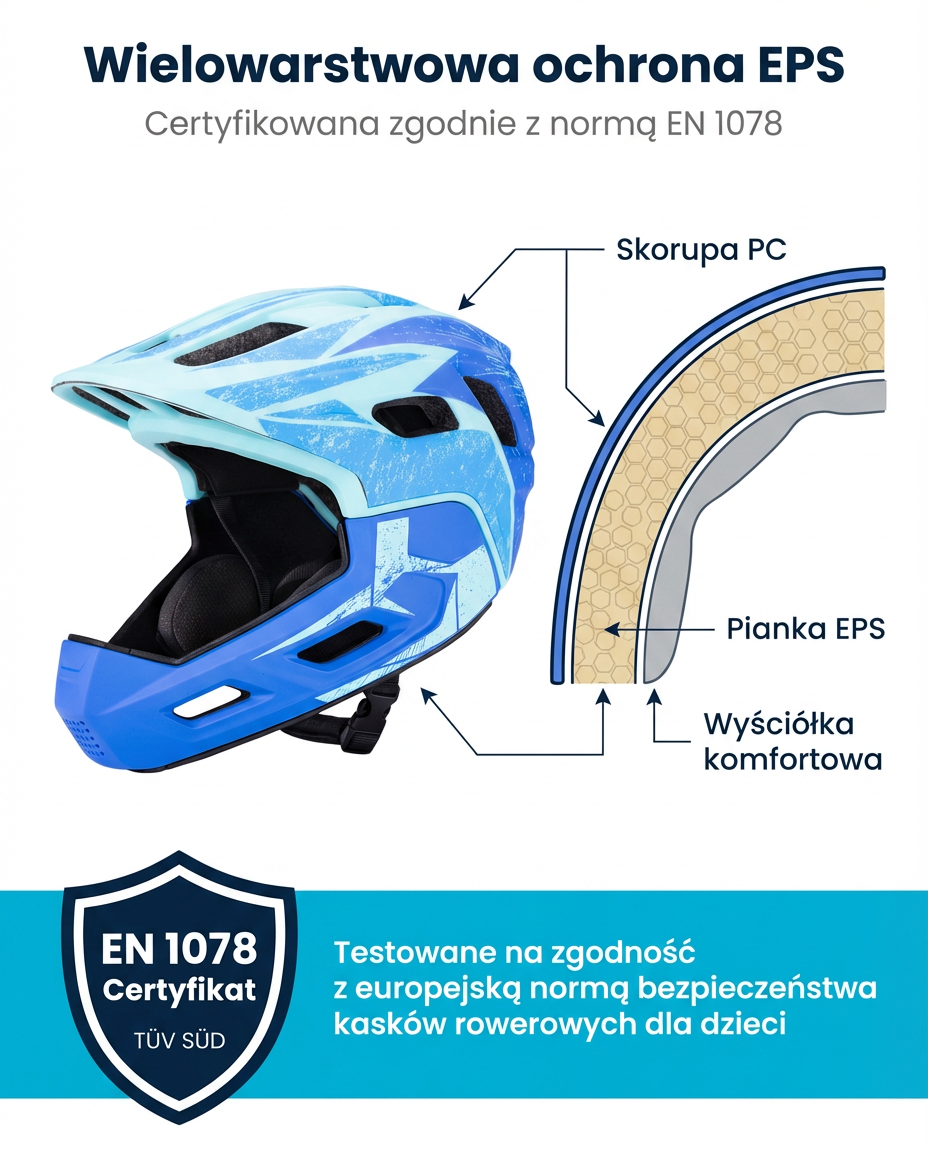 Bezpieczny Kask Rowerowy Dziecięcy 2w1 (fullface) SafeVelo Kids Switch– Certyfikat EN1078 - obrazek 7